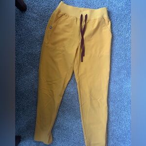 Figs Women's Straight Leg Scrub Pants in Mustard with Burgundy Drawstring